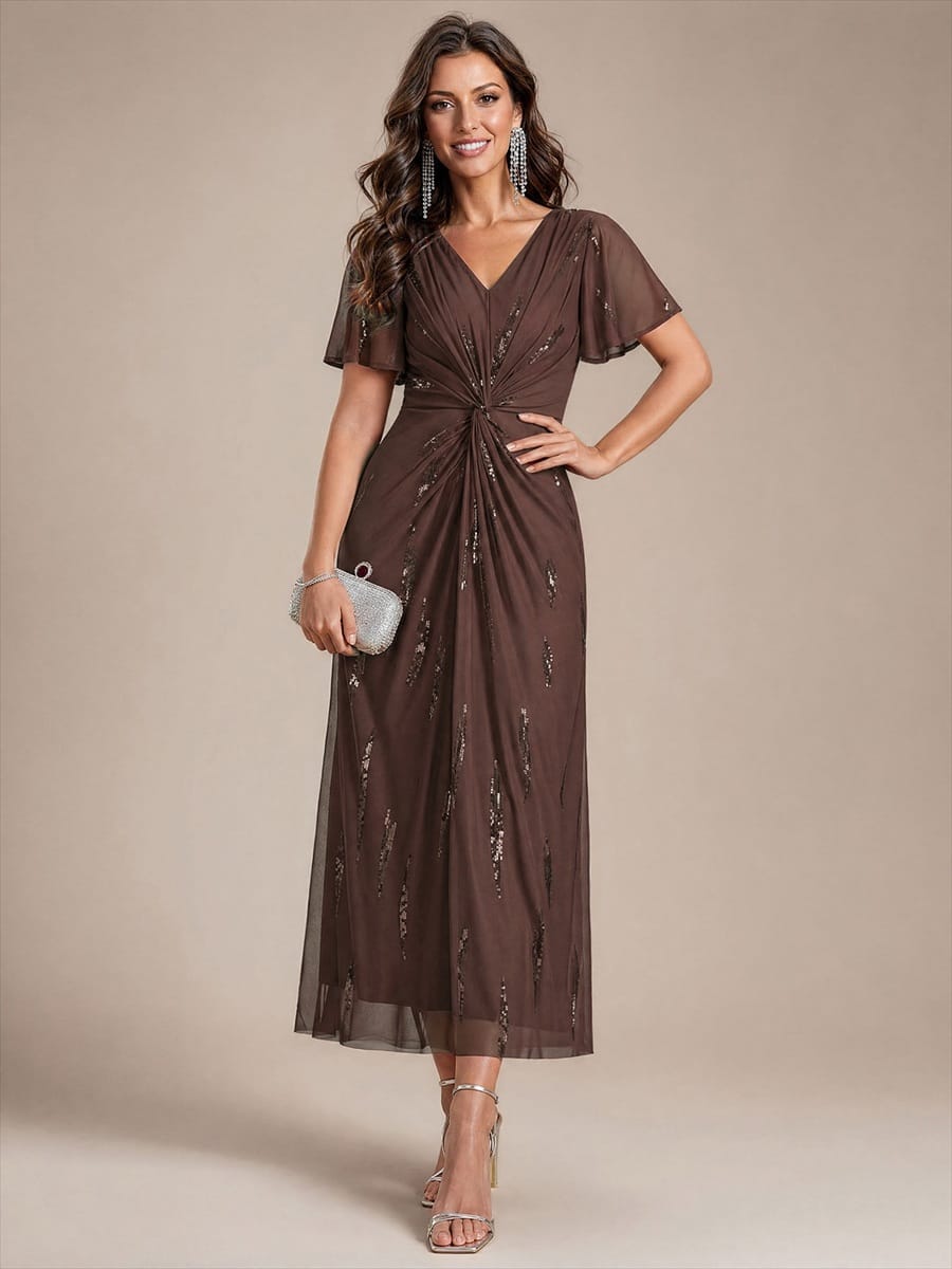 Sequin Tulle Ruffle Sleeve Dress #color_Chocolate brown