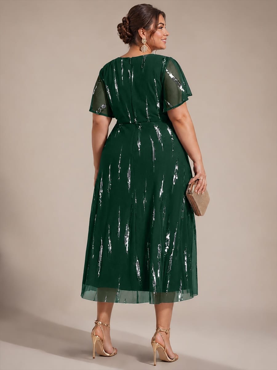 Sequin Tulle Ruffle Sleeve Dress #color_Dark Green
