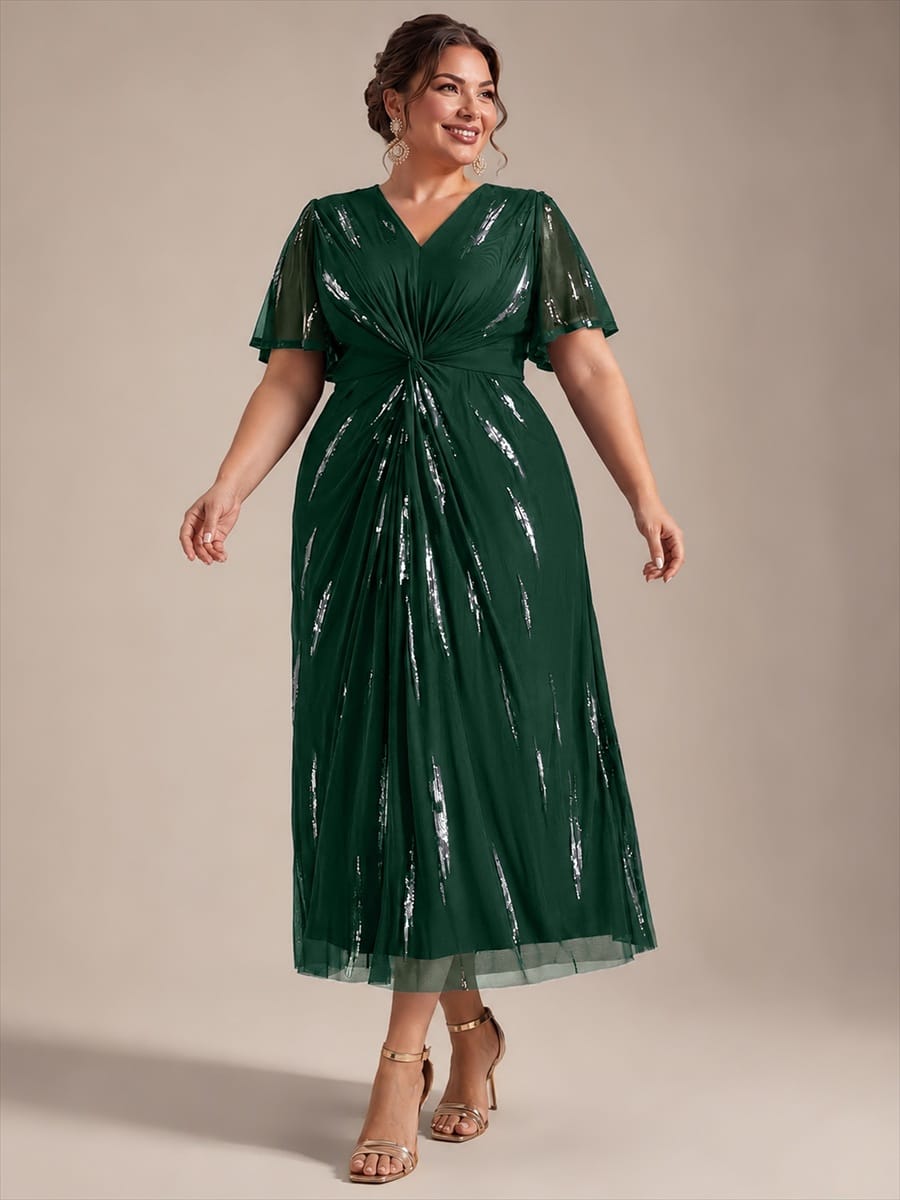 Sequin Tulle Ruffle Sleeve Dress #color_Dark Green