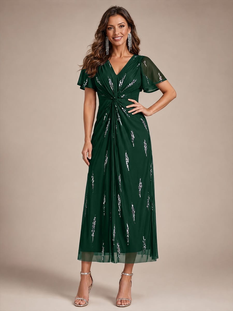 Sequin Tulle Ruffle Sleeve Dress #color_Dark Green