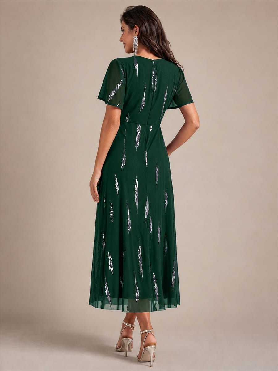 Sequin Tulle Ruffle Sleeve Dress #color_Dark Green