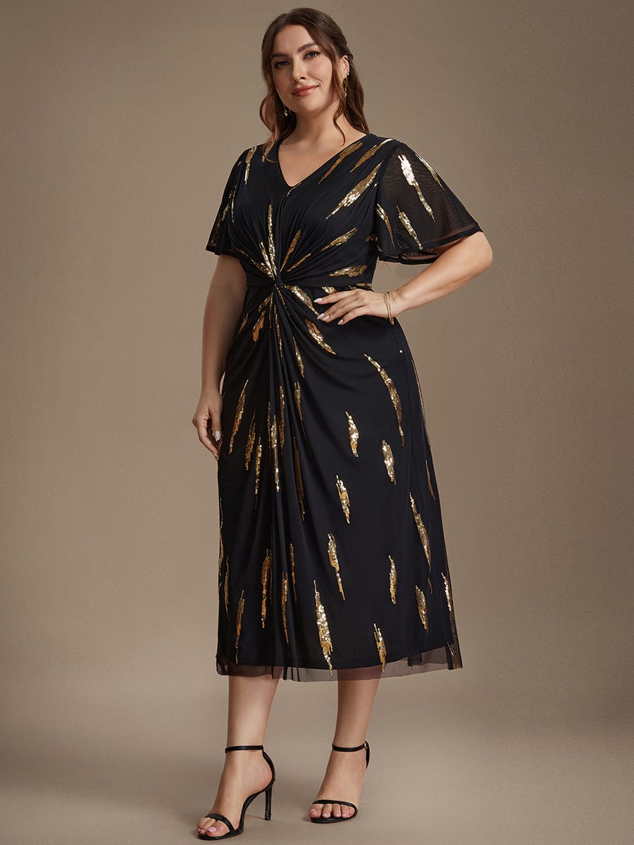 Sequin Tulle Ruffle Sleeve Dress #color_Black & Gold
