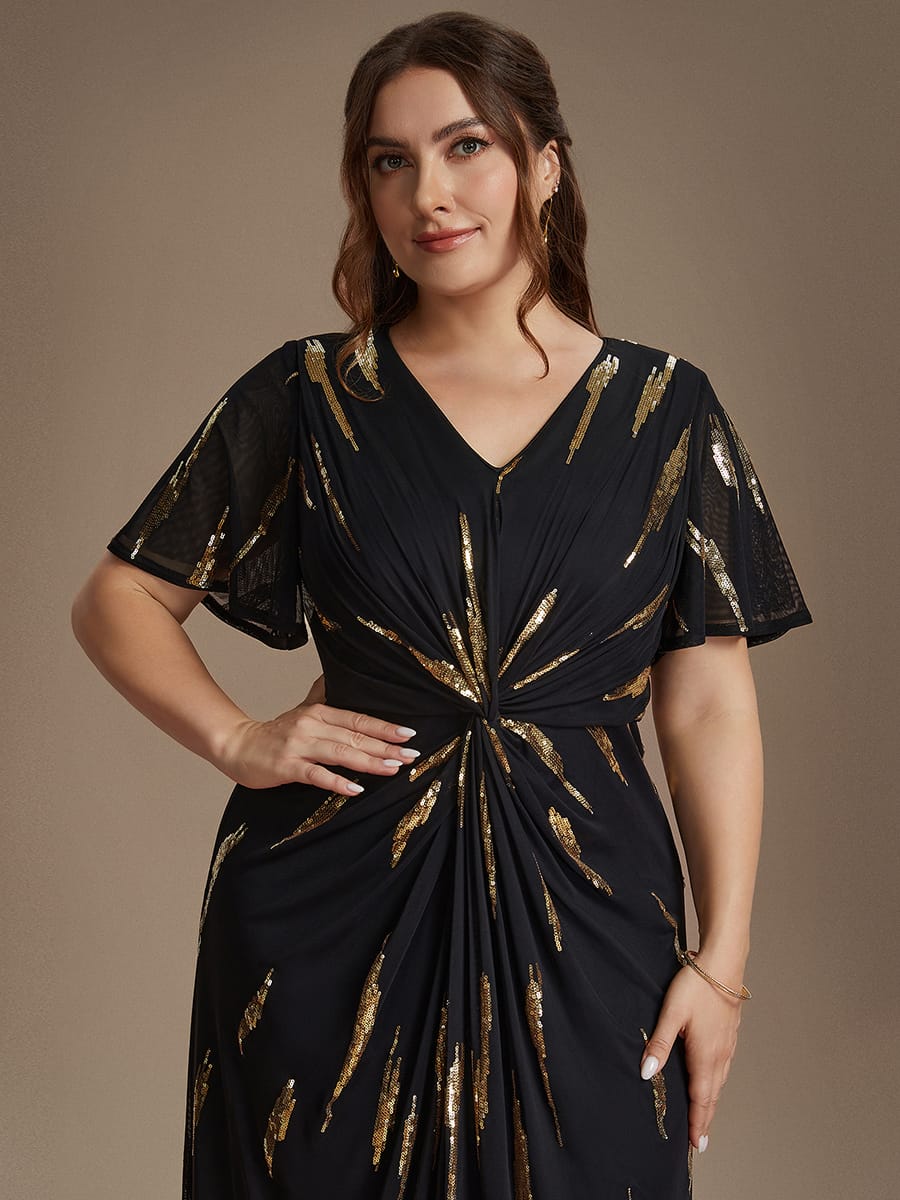 Sequin Tulle Ruffle Sleeve Dress #color_Black & Gold