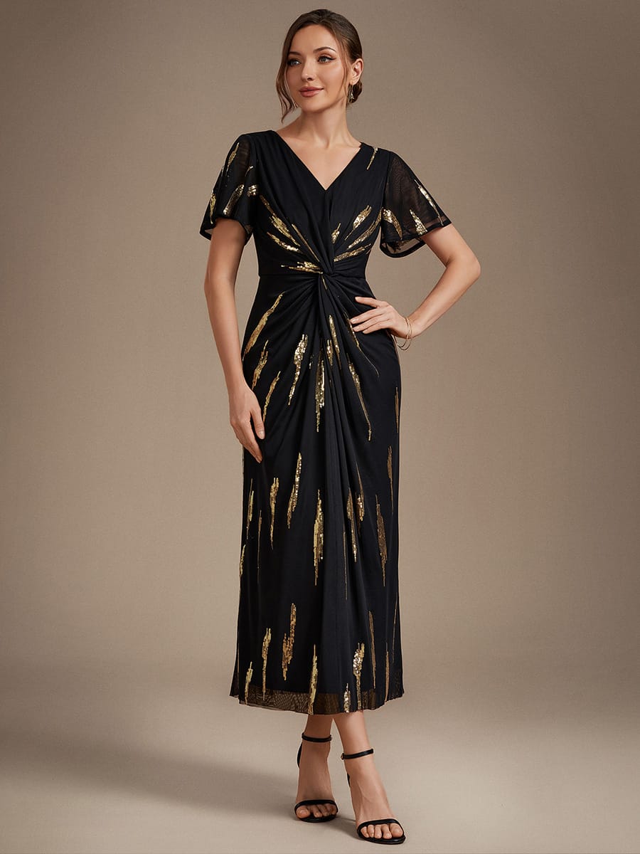 Sequin Tulle Ruffle Sleeve Dress #color_Black & Gold