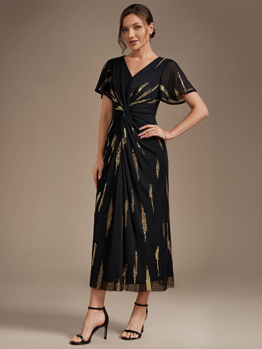 Sequin Tulle Ruffle Sleeve Dress #color_Black & Gold