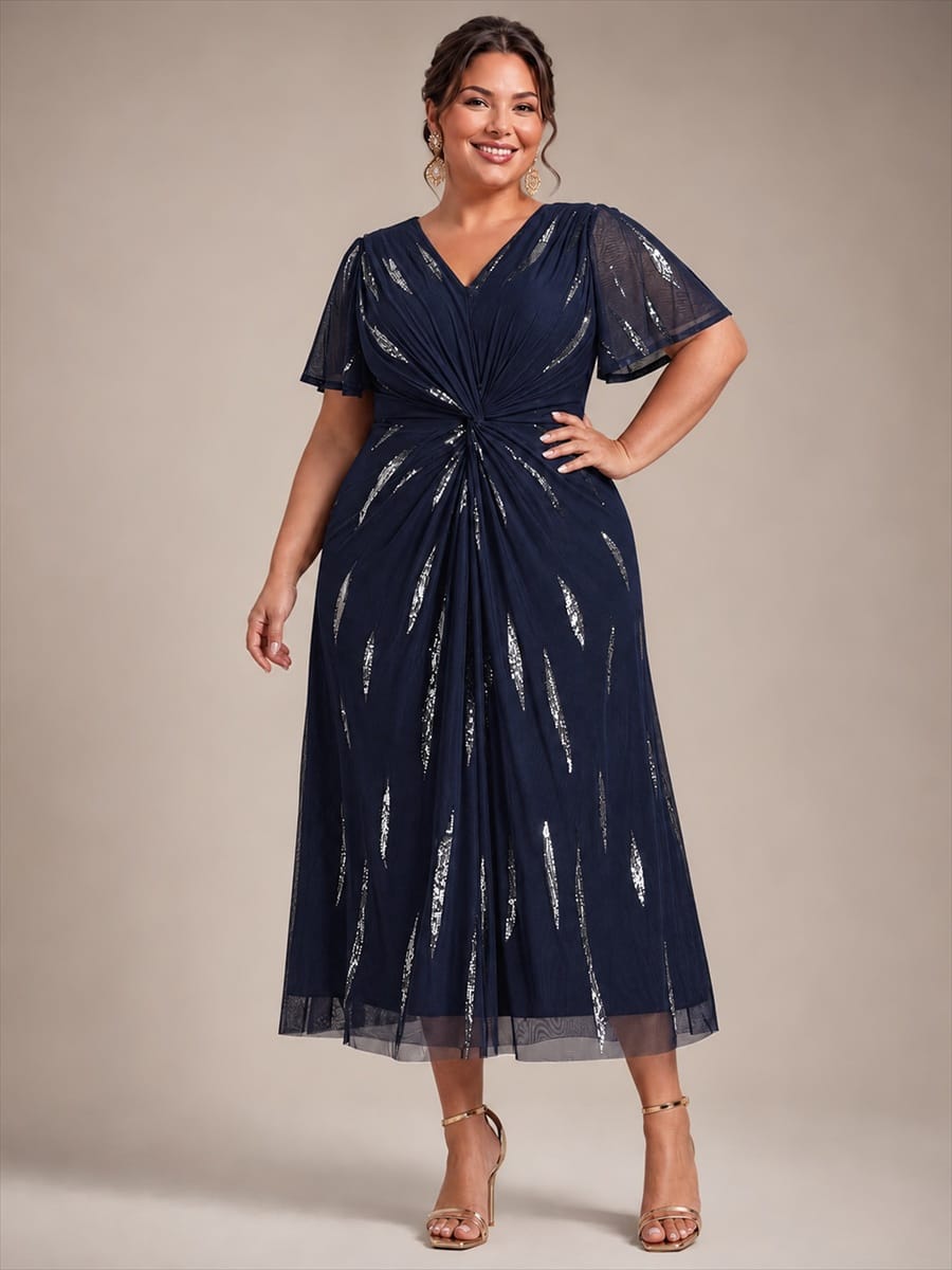 Sequin Tulle Ruffle Sleeve Dress #color_Navy Blue