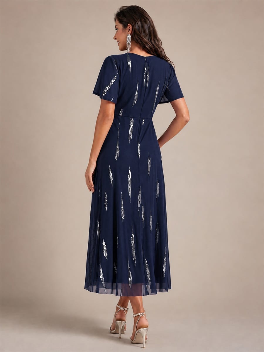 Sequin Tulle Ruffle Sleeve Dress #color_Navy Blue