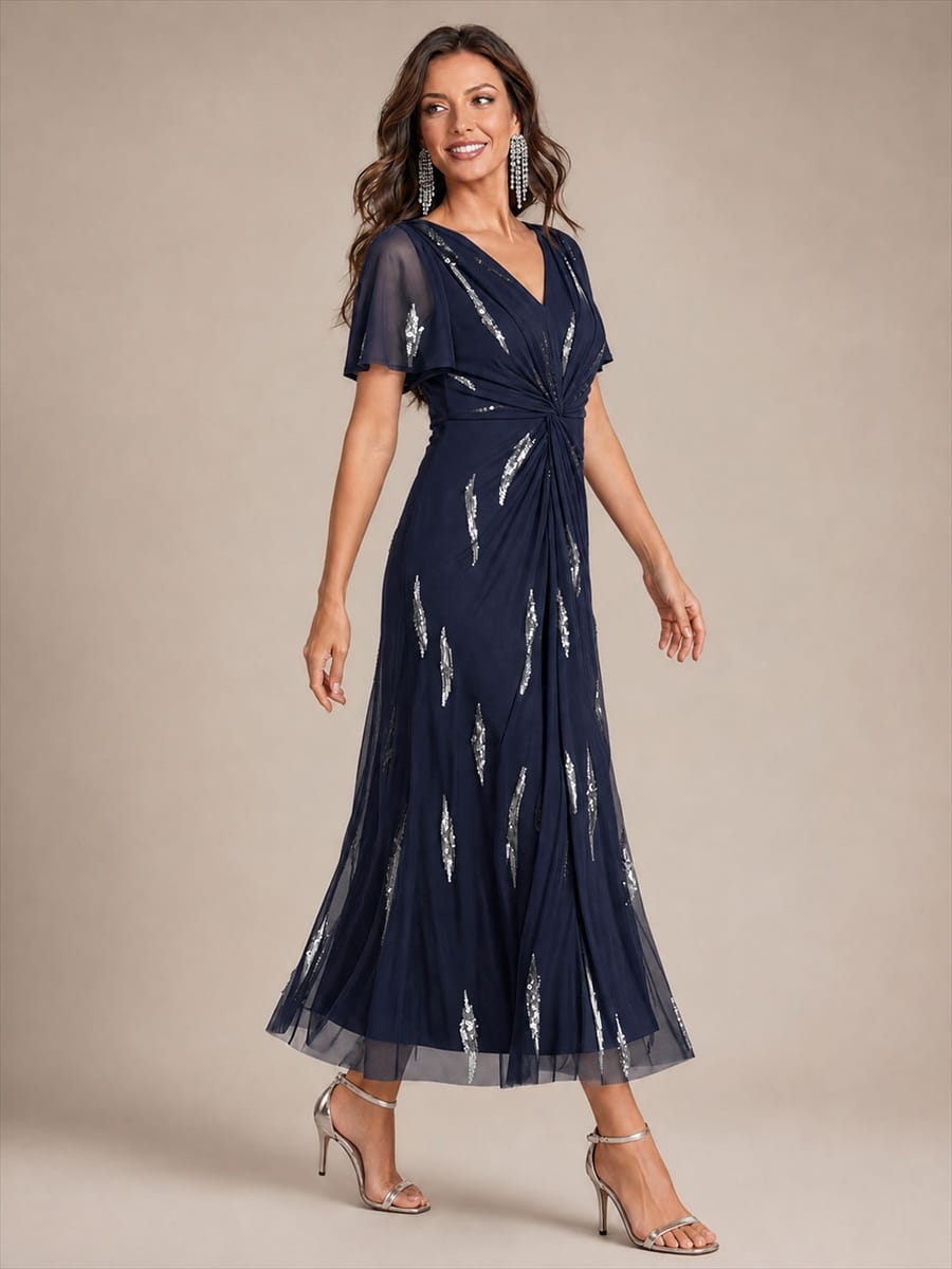 Sequin Tulle Ruffle Sleeve Dress #color_Navy Blue