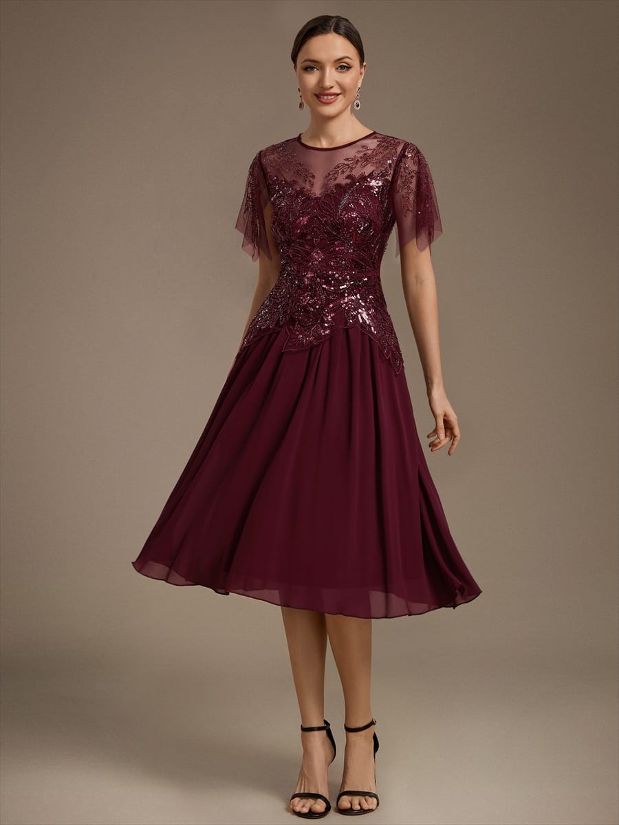 Beaded Tulle Ruffle Sleeve Dress #color_Burgundy
