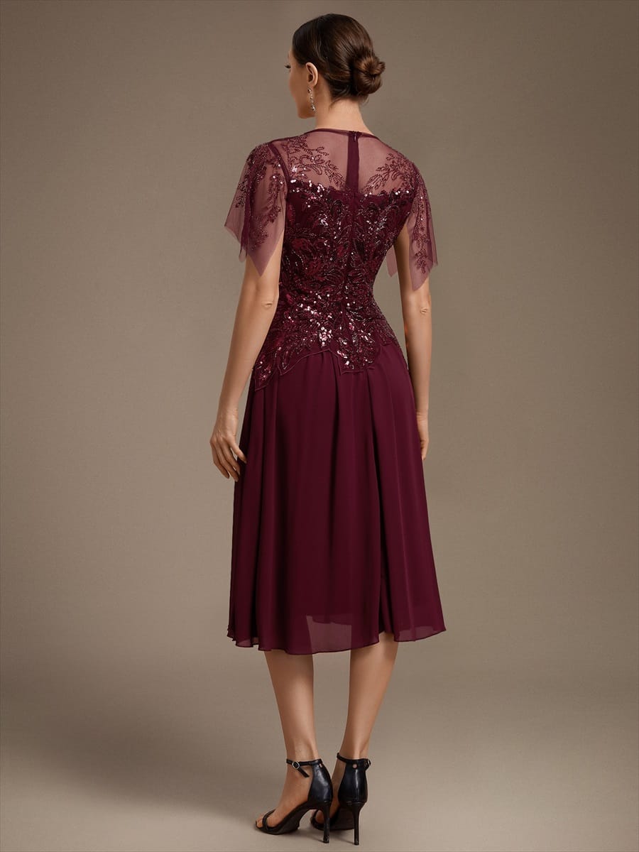 Beaded Tulle Ruffle Sleeve Dress #color_Burgundy