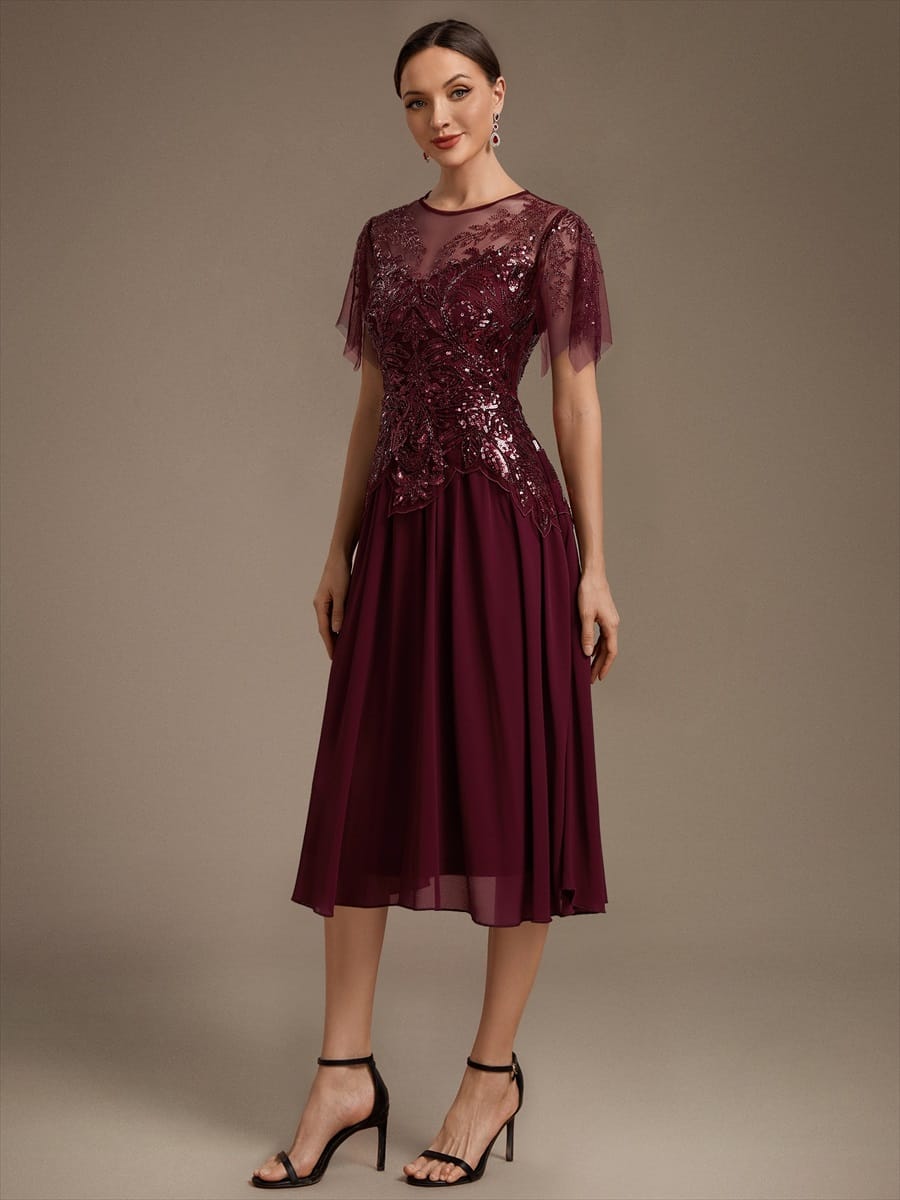 Beaded Tulle Ruffle Sleeve Dress #color_Burgundy