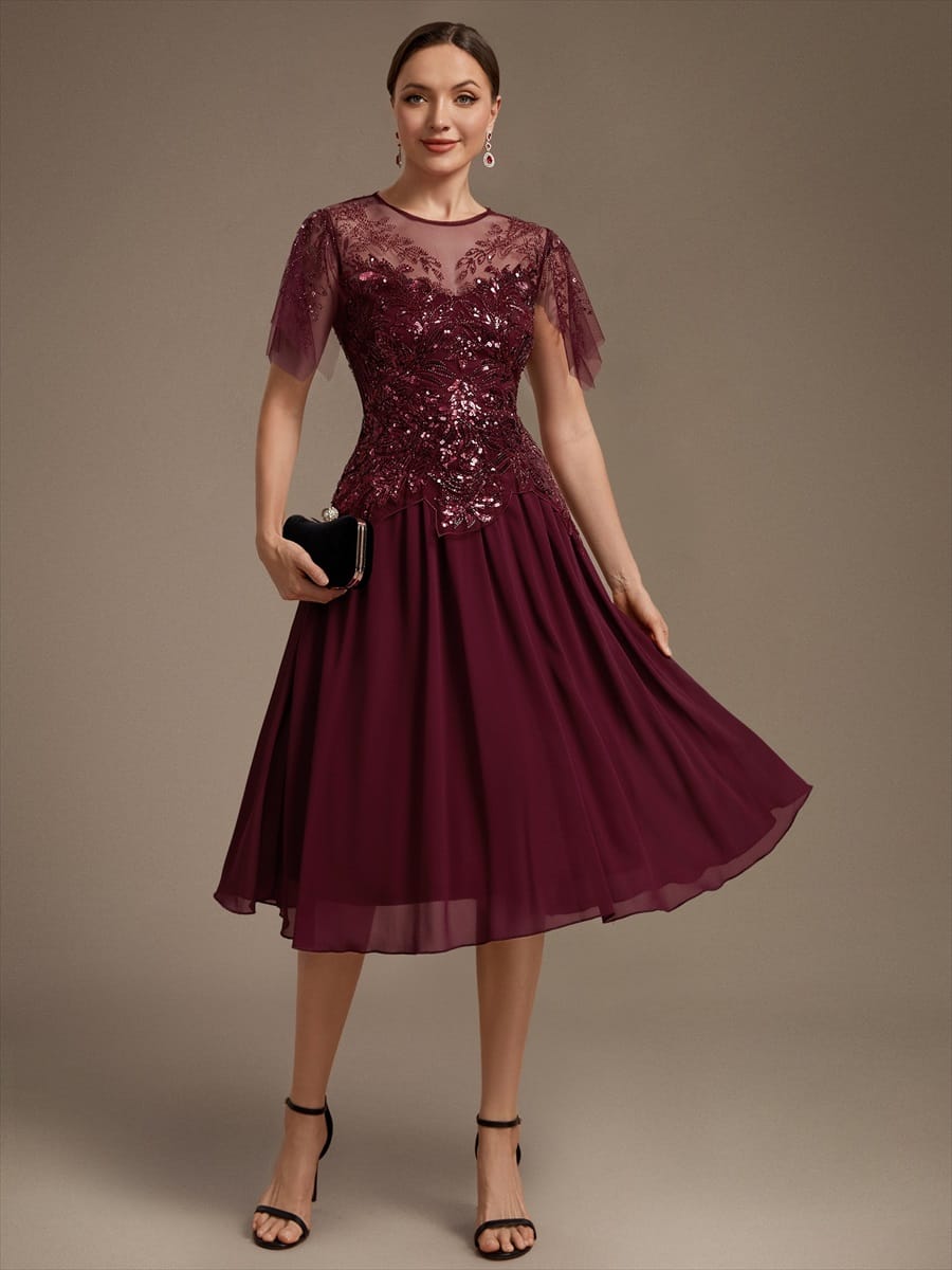 Beaded Tulle Ruffle Sleeve Dress #color_Burgundy
