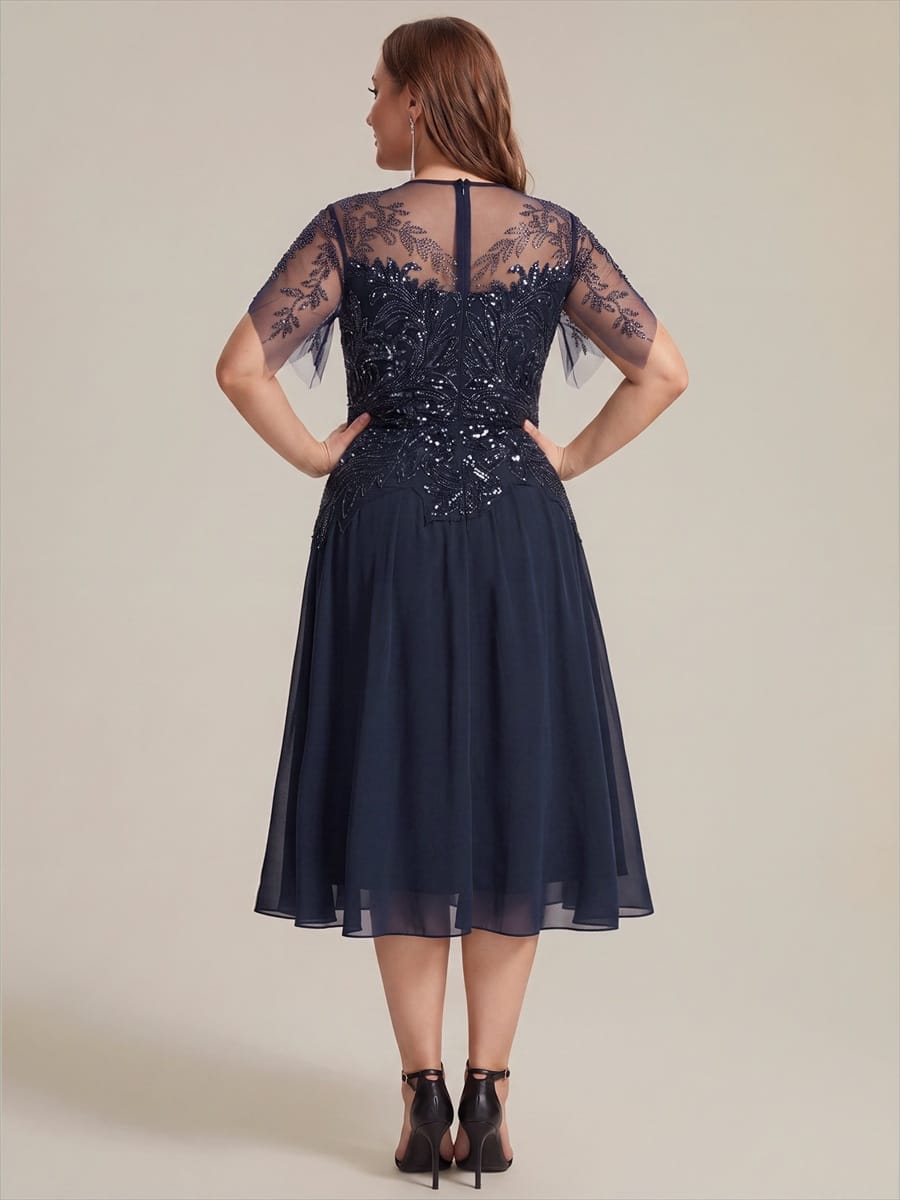 Beaded Tulle Ruffle Sleeve Dress #color_Navy Blue