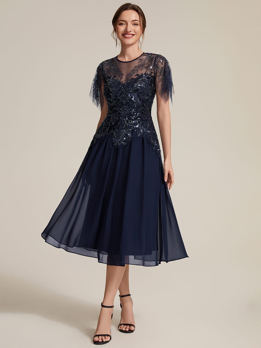 Beaded Tulle Ruffle Sleeve Dress #color_Navy Blue