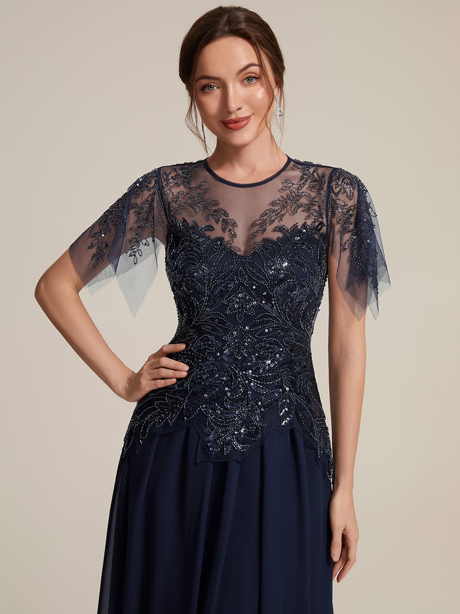 Beaded Tulle Ruffle Sleeve Dress #color_Navy Blue