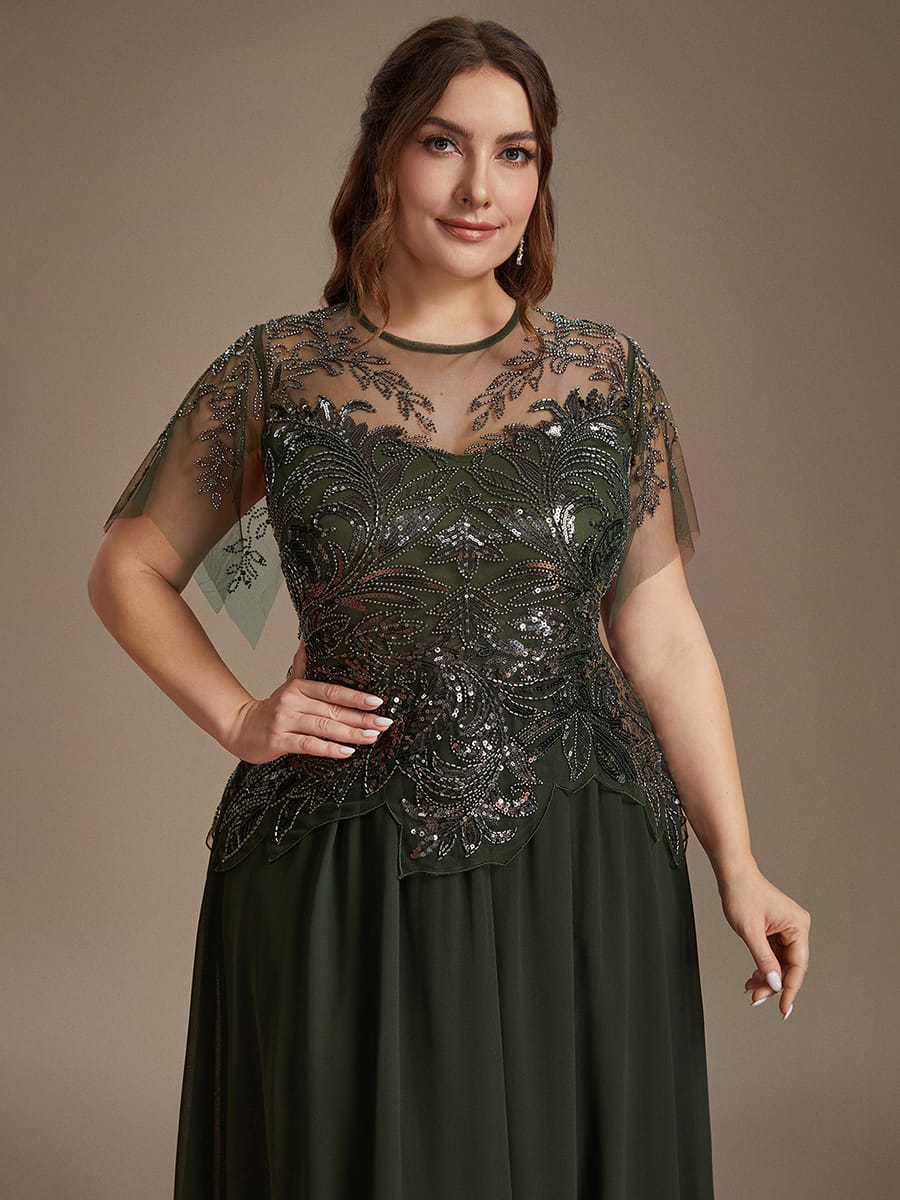 Beaded Tulle Ruffle Sleeve Dress #color_Olive Green