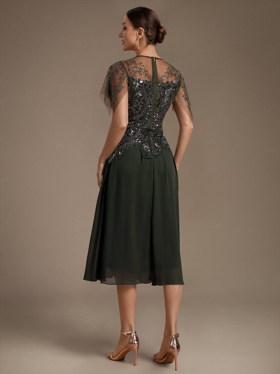 Beaded Tulle Ruffle Sleeve Dress #color_Olive Green
