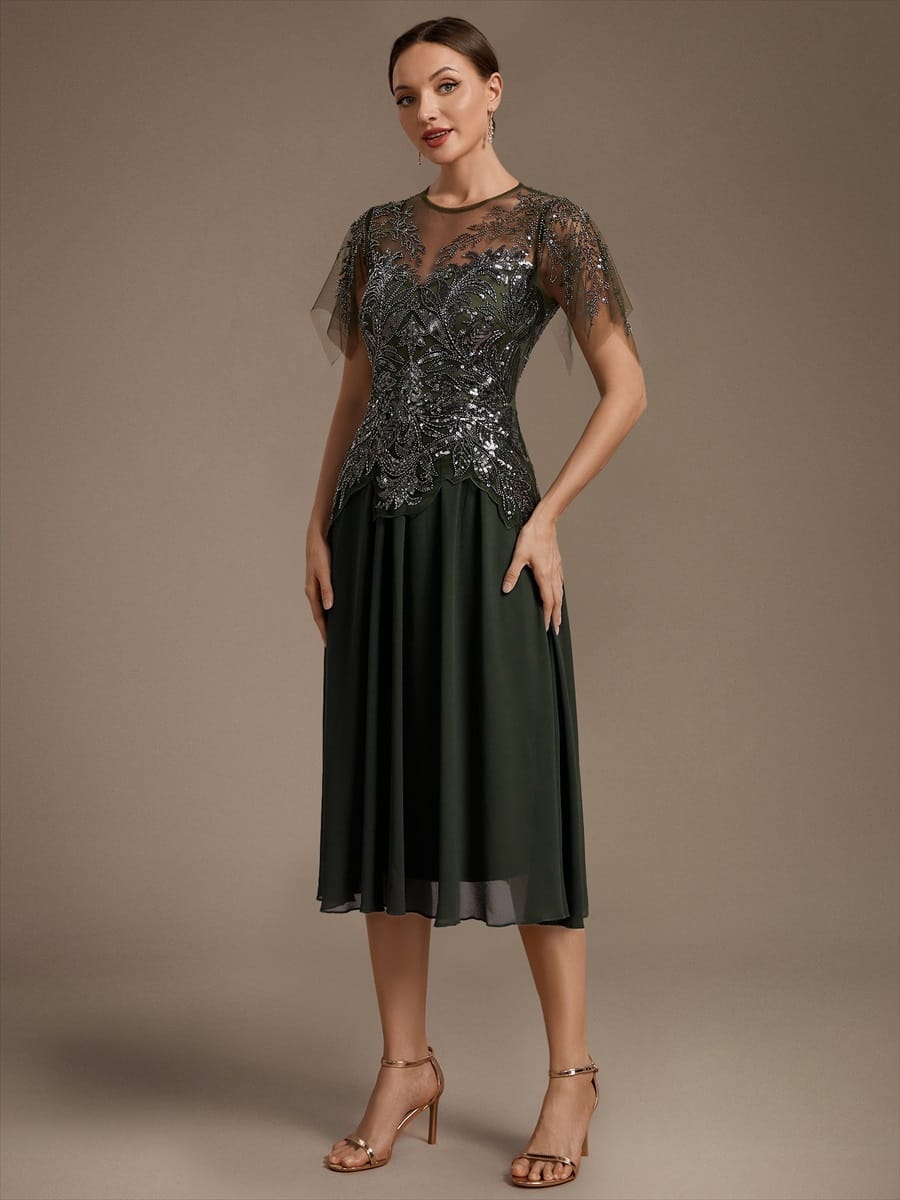 Beaded Tulle Ruffle Sleeve Dress #color_Olive Green