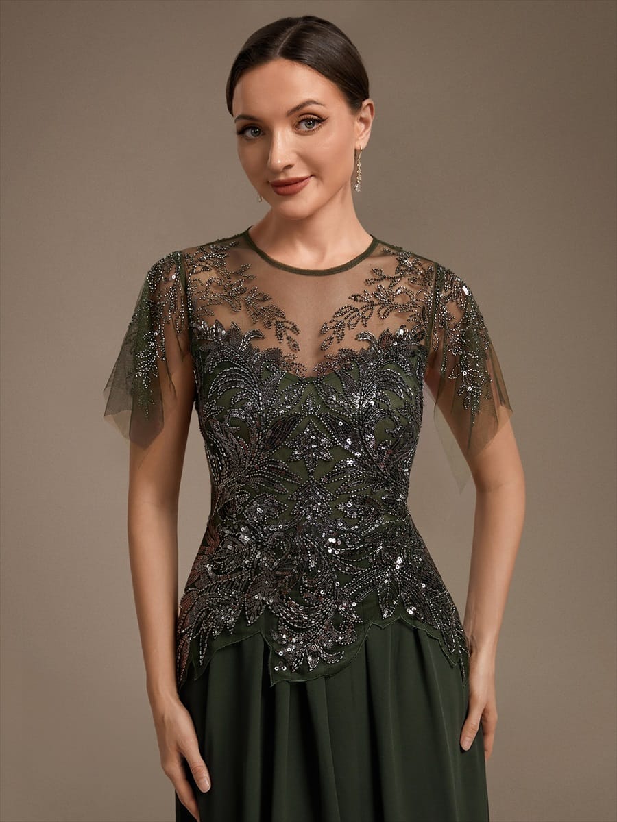 Beaded Tulle Ruffle Sleeve Dress #color_Olive Green