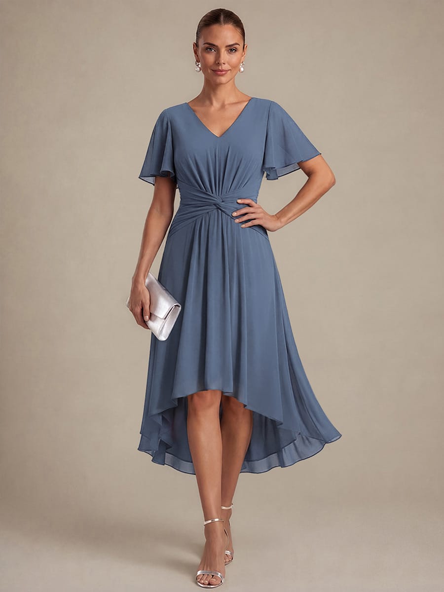Chiffon Ruffle Sleeve A-line Dress #color_Dusty Blue