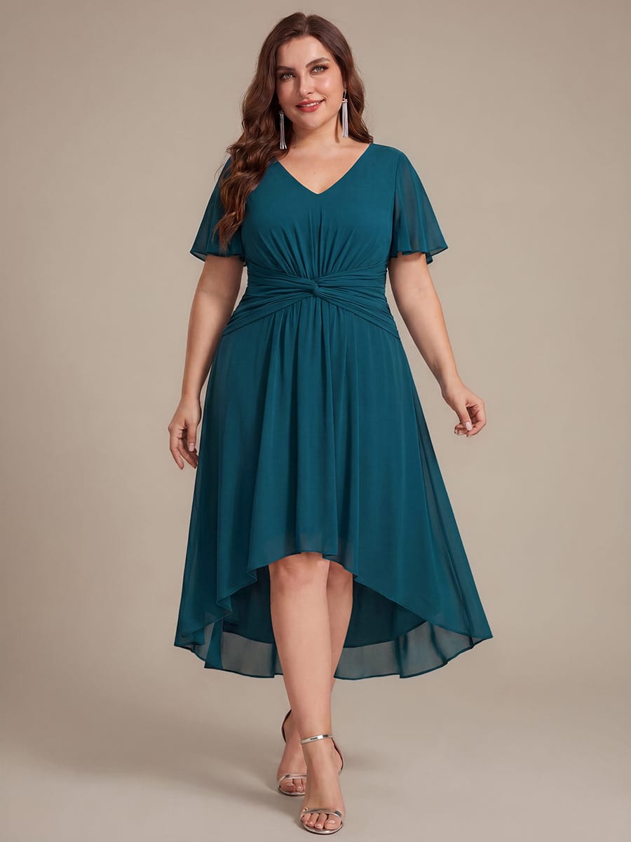 Chiffon Ruffle Sleeve A-line Dress #color_Teal Blue