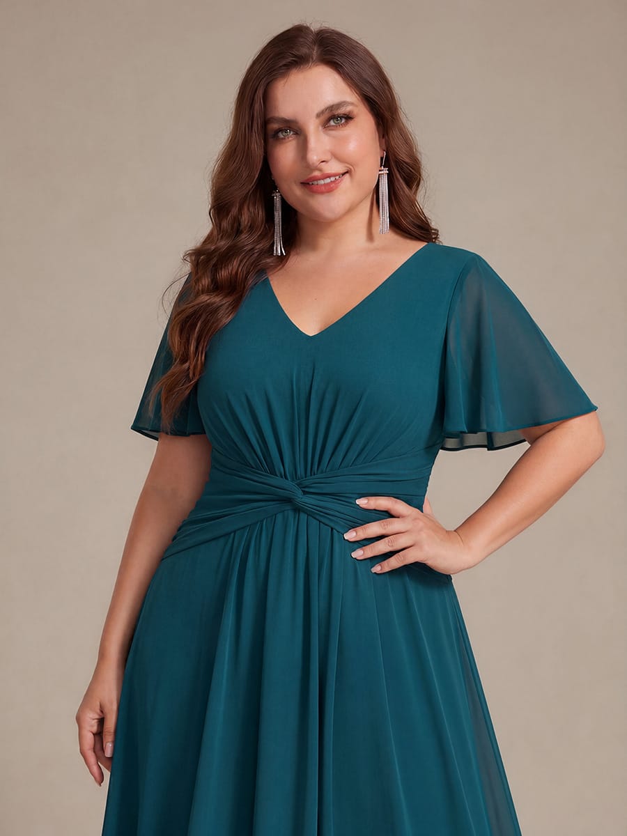 Chiffon Ruffle Sleeve A-line Dress #color_Teal Blue