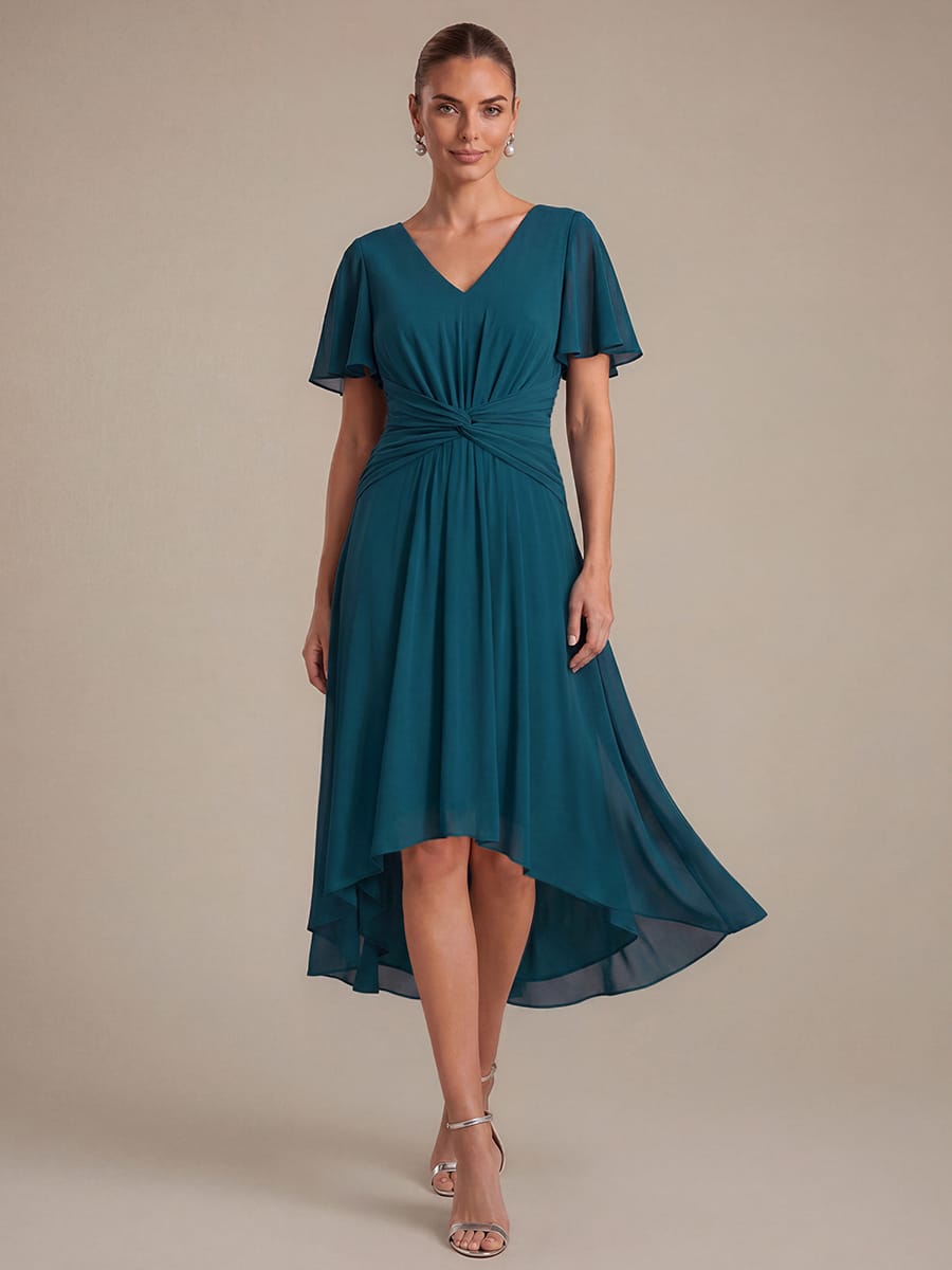 Chiffon Ruffle Sleeve A-line Dress #color_Teal Blue