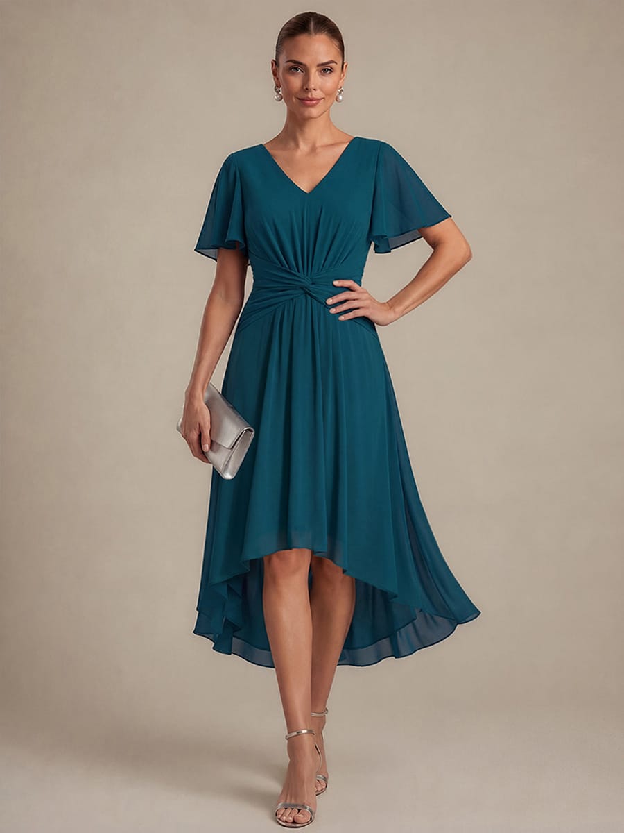 Chiffon Ruffle Sleeve A-line Dress #color_Teal Blue