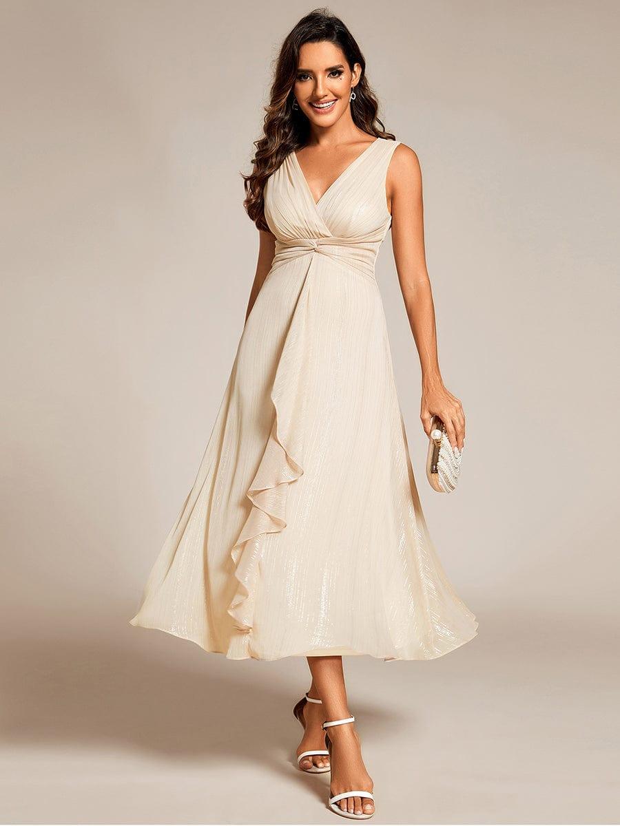 Sleeveless Twist Knot A-Line Lotus Leaf Shimmering Wedding Guest Dress #color_Champagne