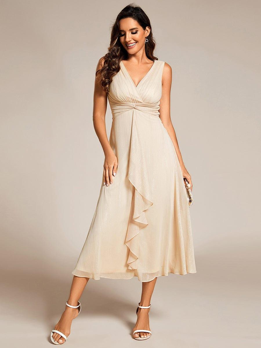 Sleeveless Twist Knot A-Line Lotus Leaf Shimmering Wedding Guest Dress #color_Champagne