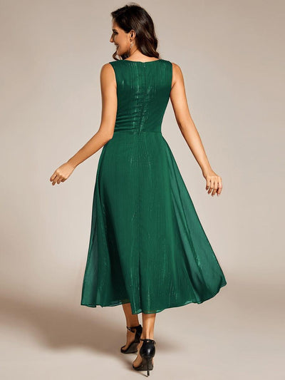 Sleeveless Twist Knot A-Line Lotus Leaf Shimmering Wedding Guest Dress #color_Dark Green