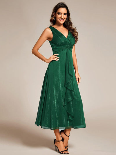 Sleeveless Twist Knot A-Line Lotus Leaf Shimmering Wedding Guest Dress #color_Dark Green