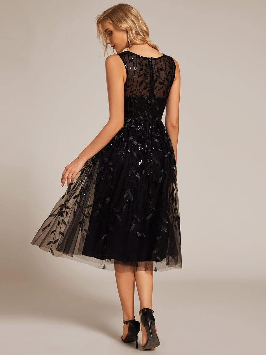 Round Neck Sleeveless Leaf Sequin Midi Wedding Guest Dress #color_Black