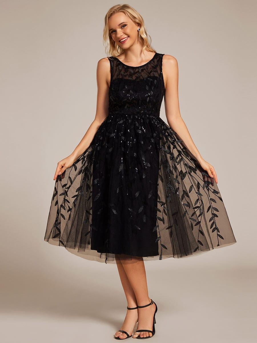 Round Neck Sleeveless Leaf Sequin Midi Wedding Guest Dress #color_Black