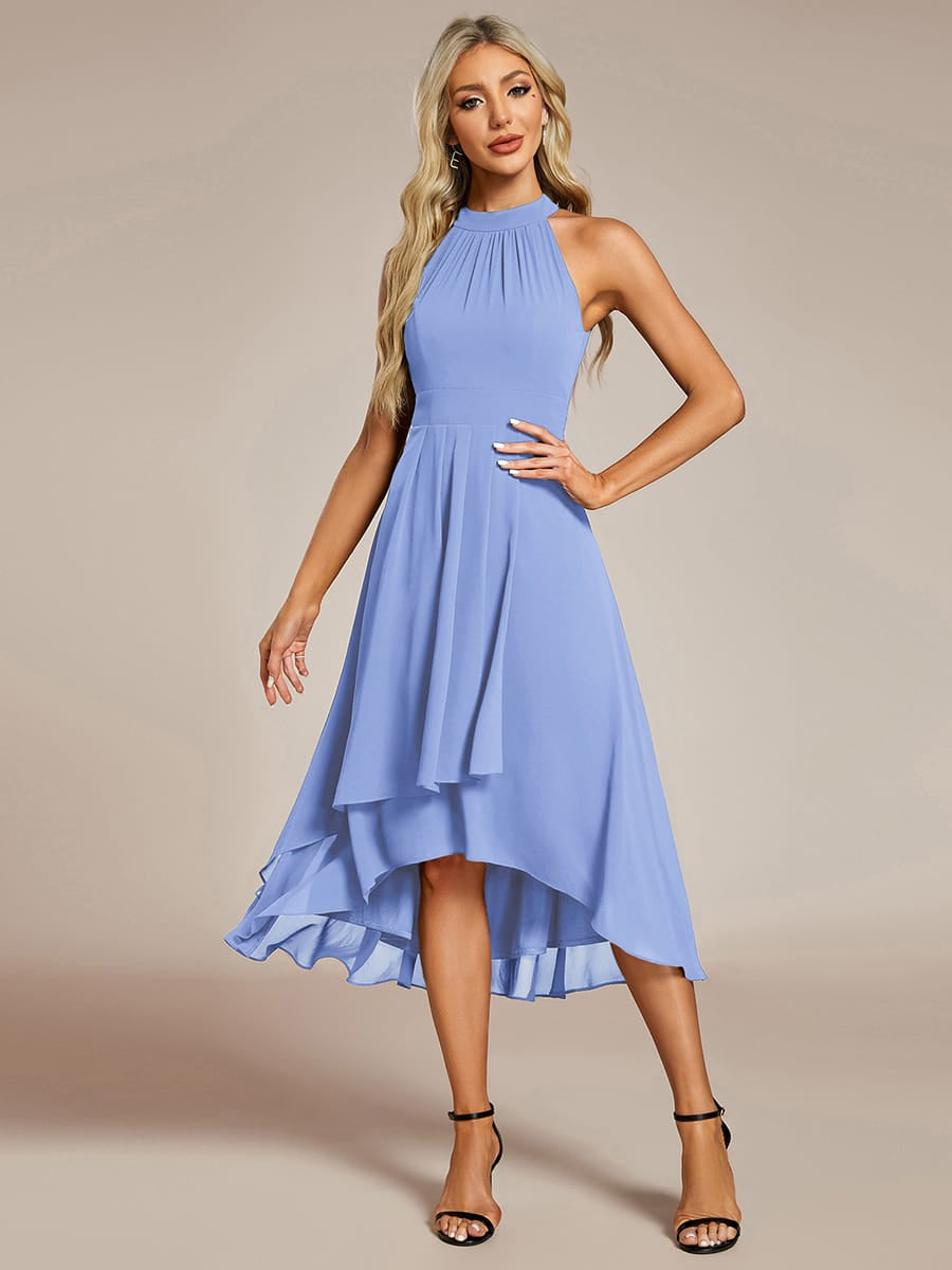 Midi A Line Sleeveless Halter Neck Wedding Guest Dress in Chiffon #color_Cornflower Blue