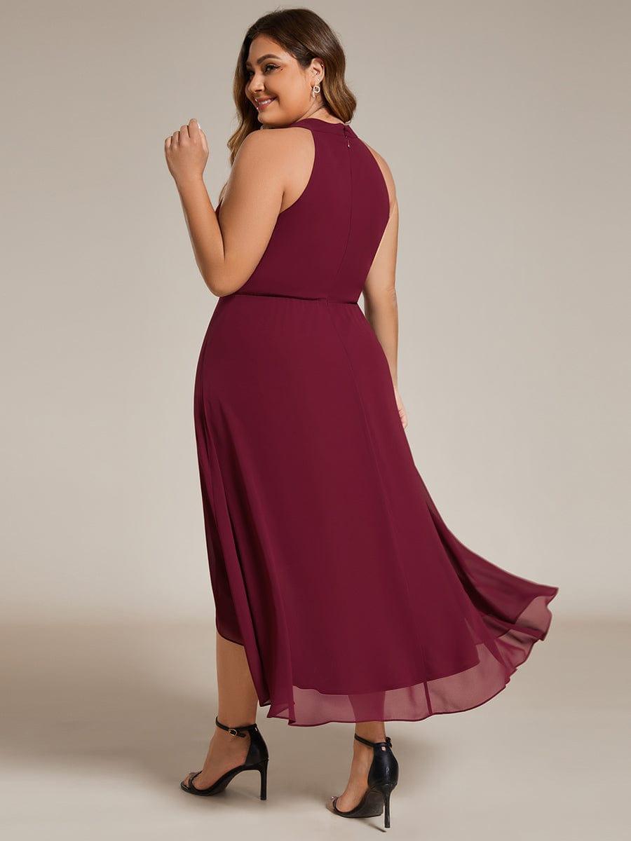 Midi A Line Sleeveless Halter Neck Evening Dress in Chiffon #color_Burgundy