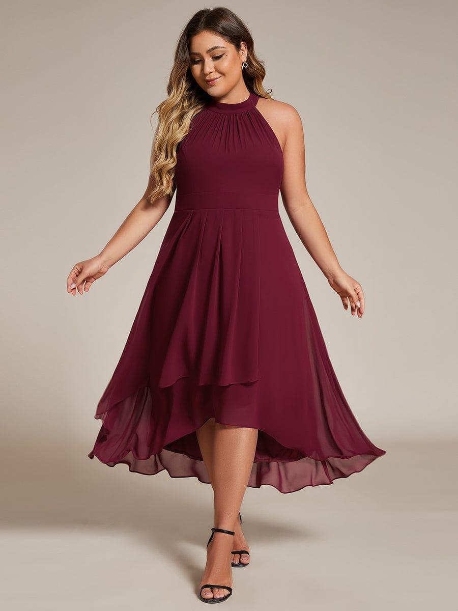 Midi A Line Sleeveless Halter Neck Evening Dress in Chiffon #color_Burgundy