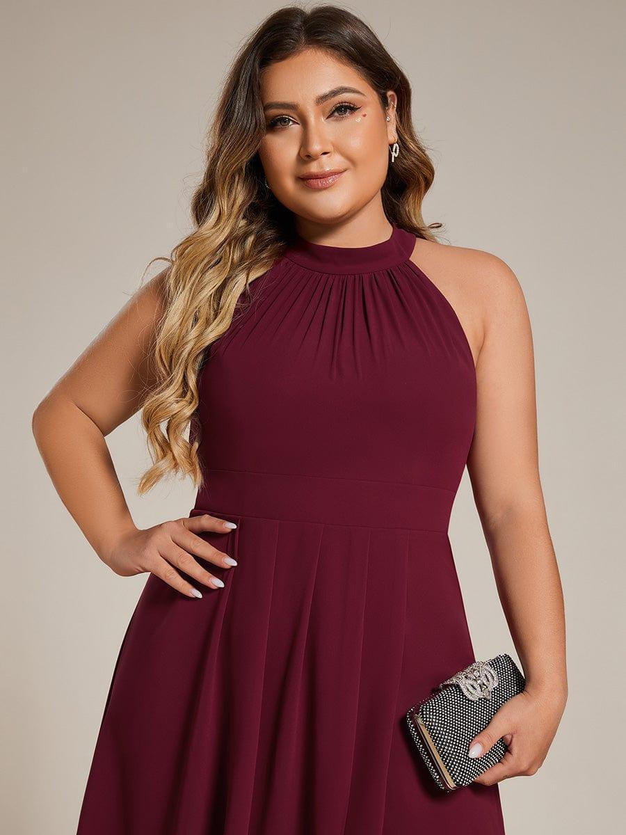 Midi A Line Sleeveless Halter Neck Evening Dress in Chiffon #color_Burgundy
