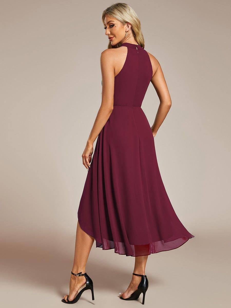 Midi A Line Sleeveless Halter Neck Evening Dress in Chiffon #color_Burgundy