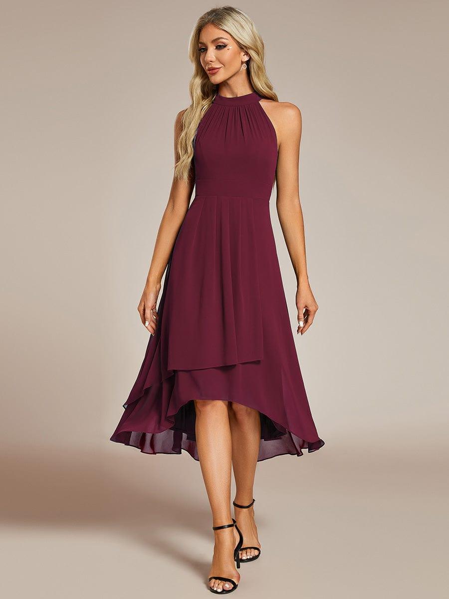 Midi A Line Sleeveless Halter Neck Evening Dress in Chiffon #color_Burgundy