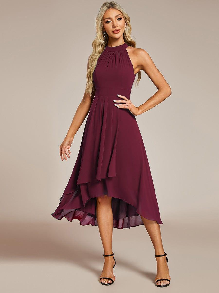 Midi A Line Sleeveless Halter Neck Evening Dress in Chiffon #color_Burgundy
