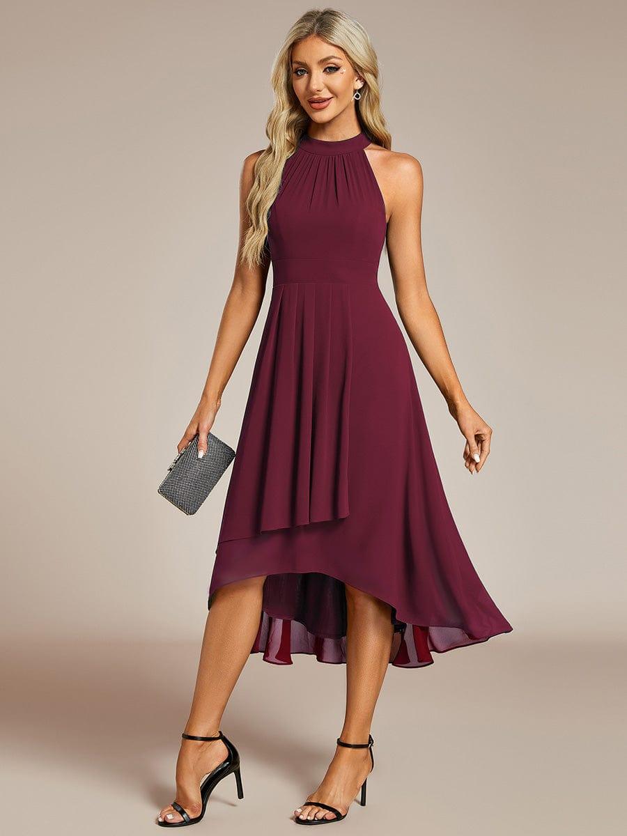 Midi A Line Sleeveless Halter Neck Evening Dress in Chiffon #color_Burgundy