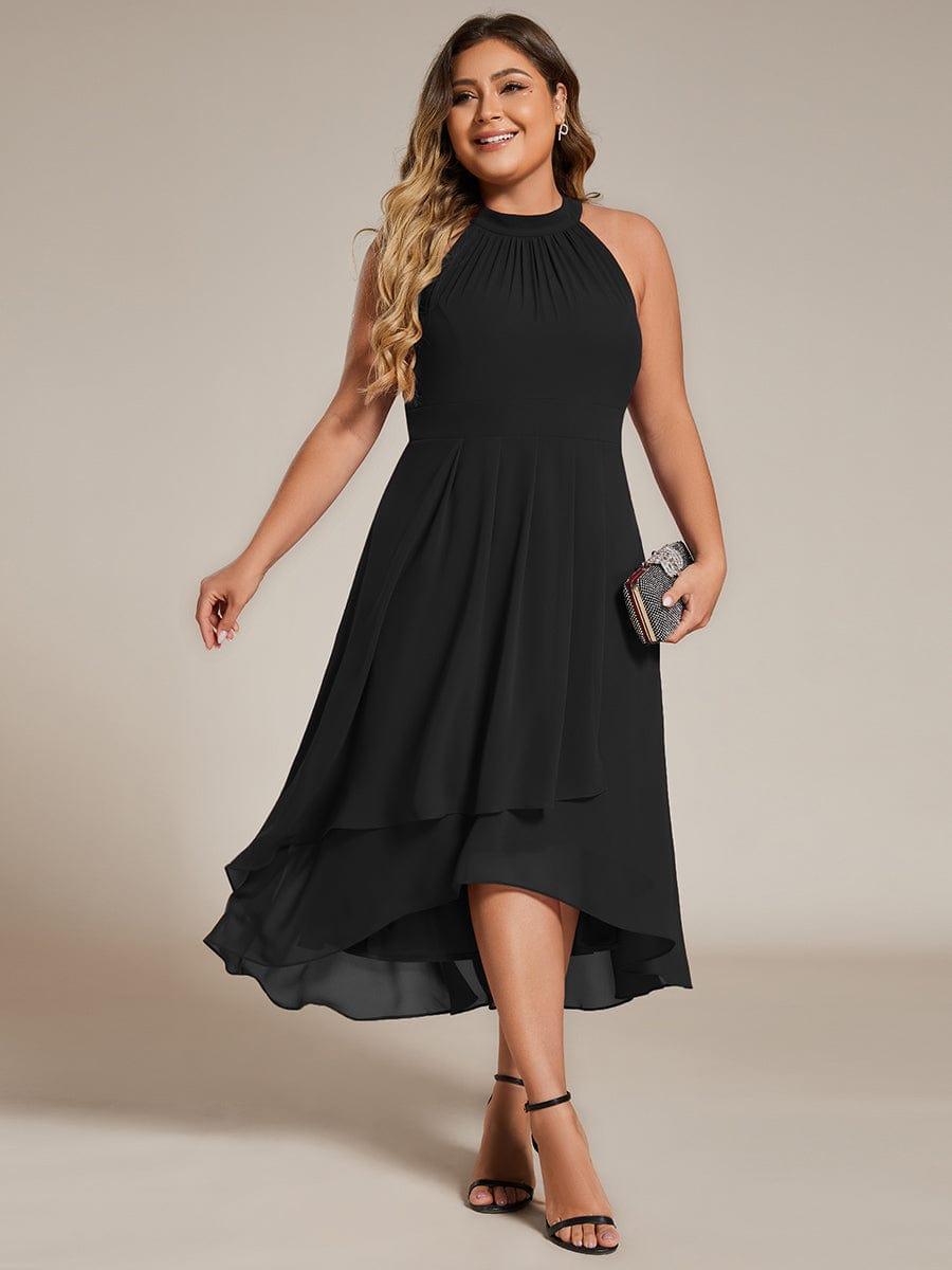 Midi A Line Sleeveless Halter Neck Evening Dress in Chiffon #color_Black