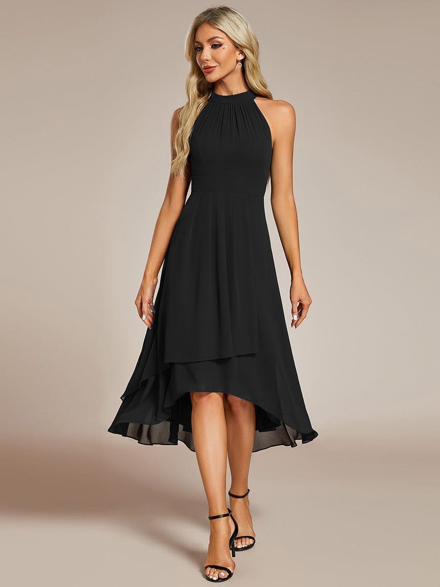 Midi A Line Sleeveless Halter Neck Evening Dress in Chiffon #color_Black