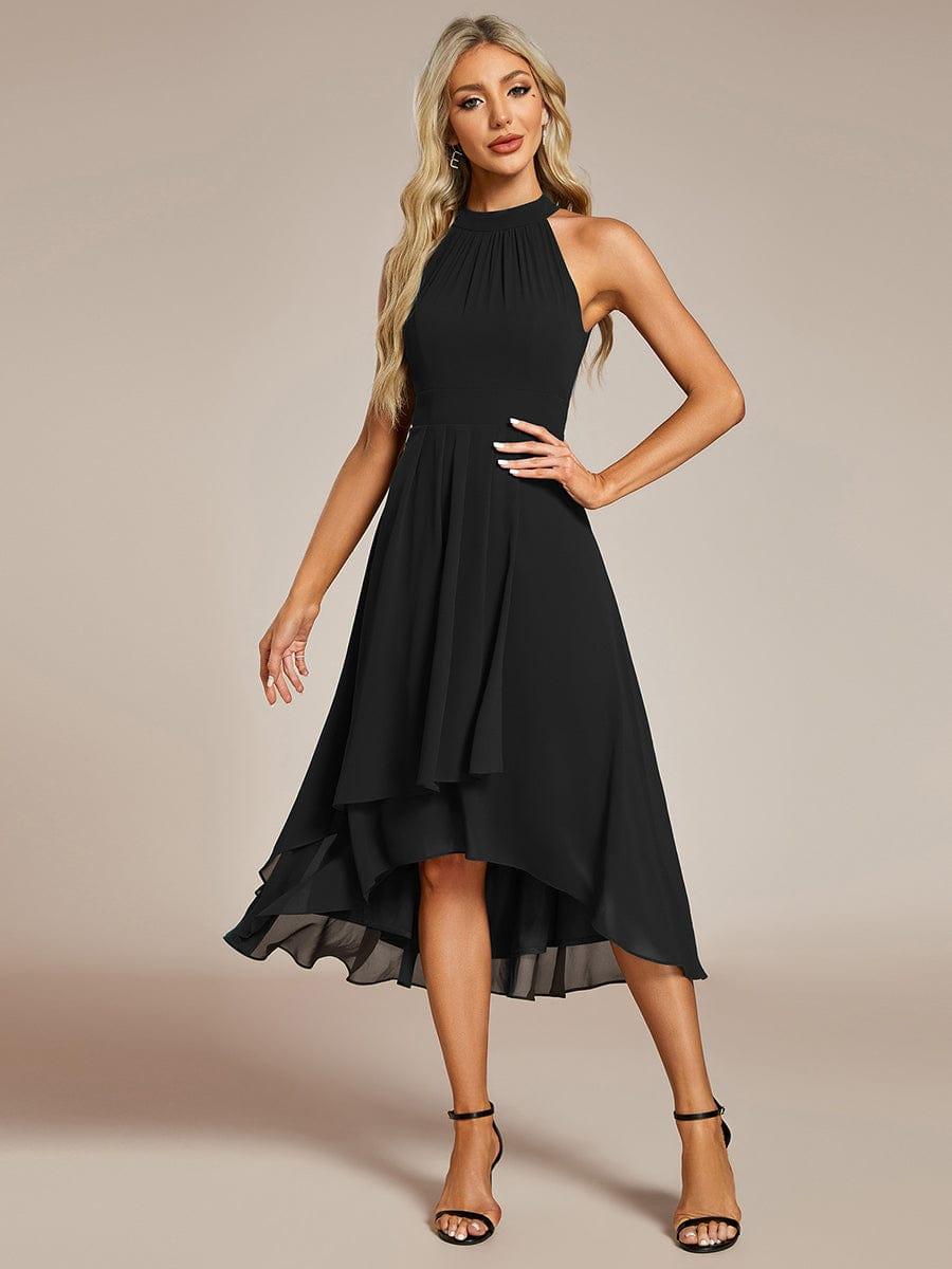 Midi A Line Sleeveless Halter Neck Evening Dress in Chiffon #color_Black