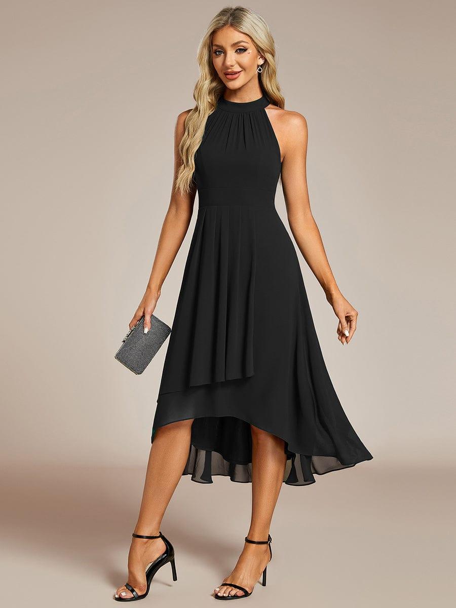 Midi A Line Sleeveless Halter Neck Evening Dress in Chiffon #color_Black