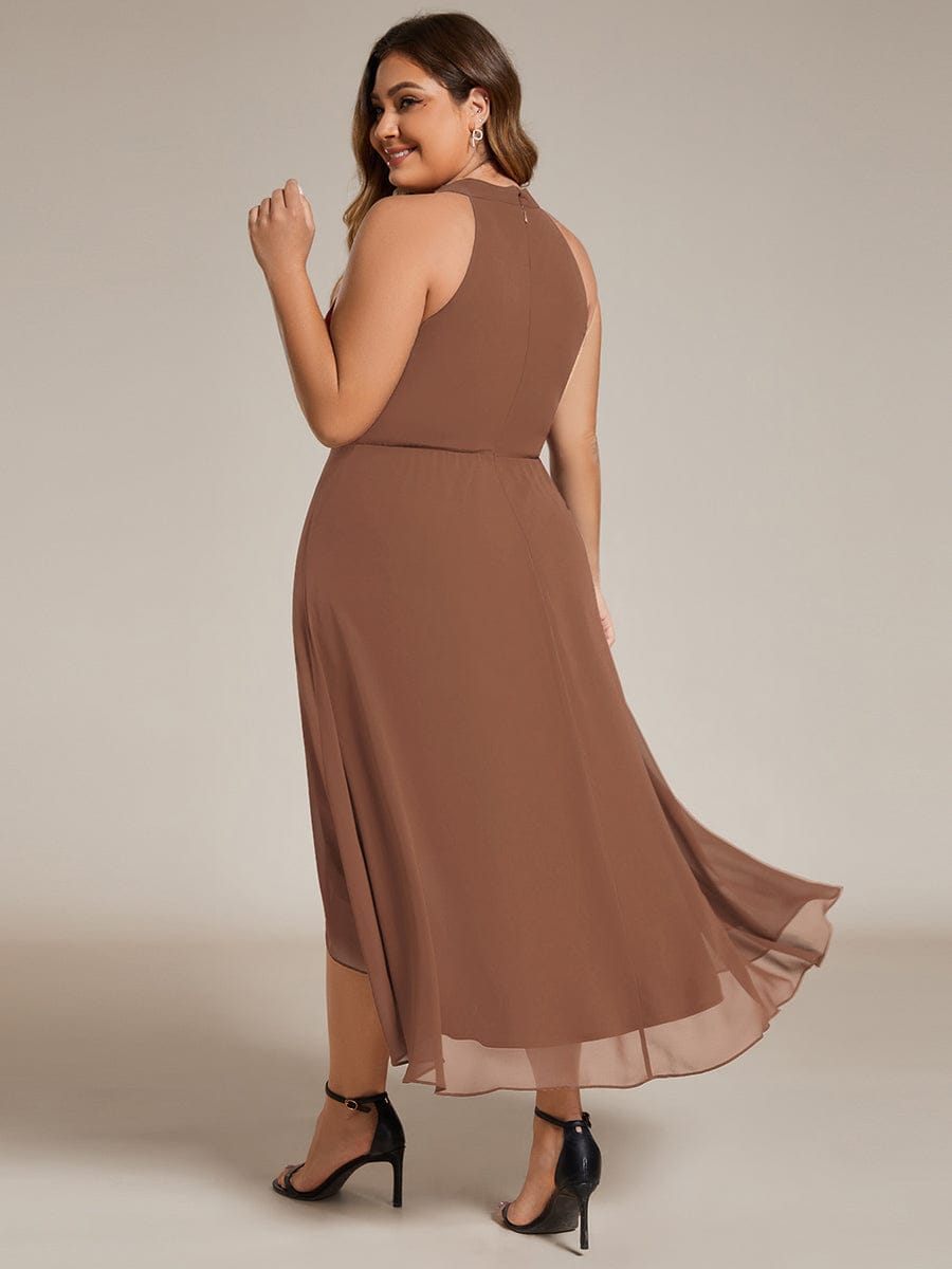 Midi A Line Sleeveless Halter Neck Evening Dress in Chiffon #color_Brown