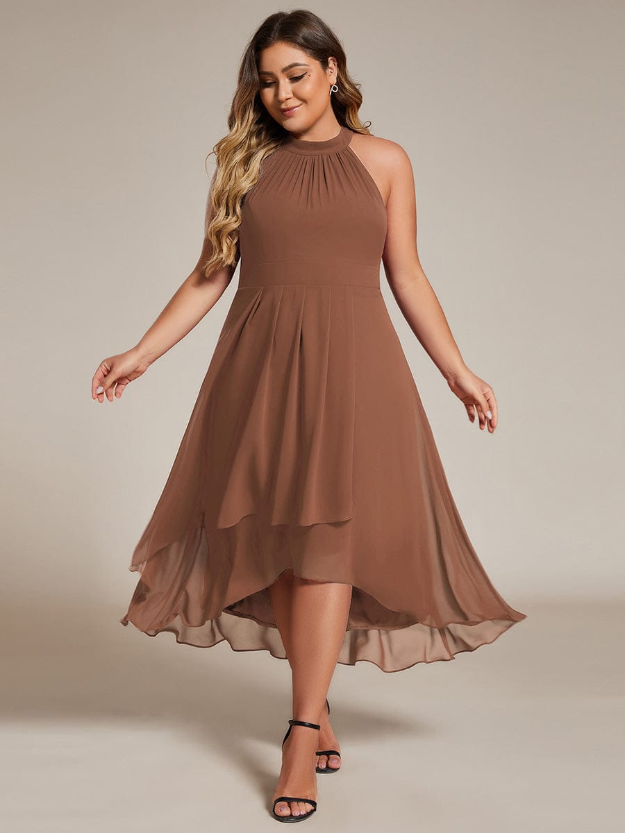 Midi A Line Sleeveless Halter Neck Evening Dress in Chiffon #color_Brown