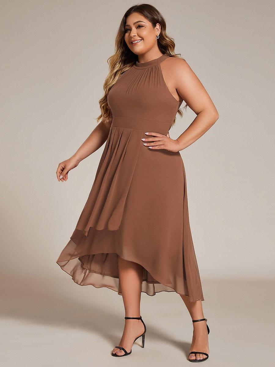 Midi A Line Sleeveless Halter Neck Evening Dress in Chiffon #color_Brown
