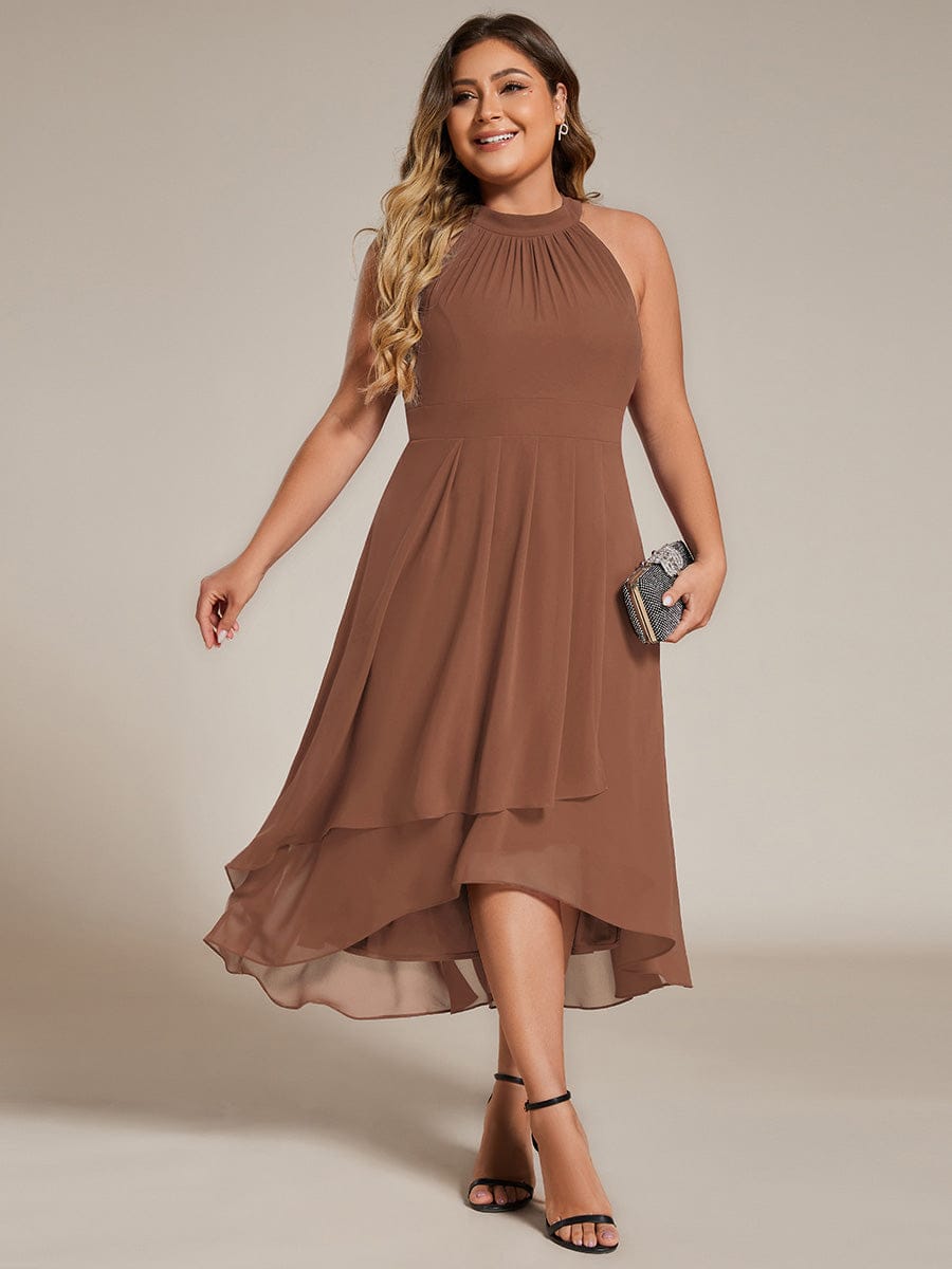 Midi A Line Sleeveless Halter Neck Evening Dress in Chiffon #color_Brown